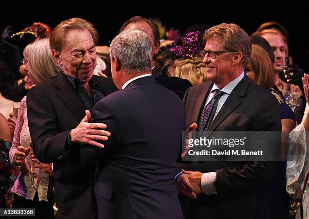 Lord Andrew Lloyd Webber, Sir Cameron Mackintosh and Michael Crawford bow onstage at "The Phantom Of The Opera" 30th anniversary charity gala...