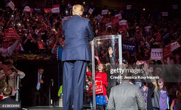 Republican presidential nominee Donald Trump arrives at a campaign rally on October 10, 2016 in Wilkes-Barre, Pennsylvania. Trump continues his...