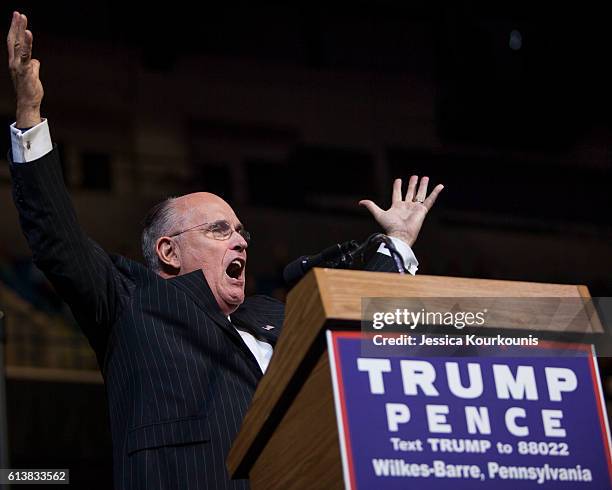 Former New York City mayor Rudy Giuliani speaks at a campaign rally for Republican presidential nominee Donald Trump on October 10, 2016 in...