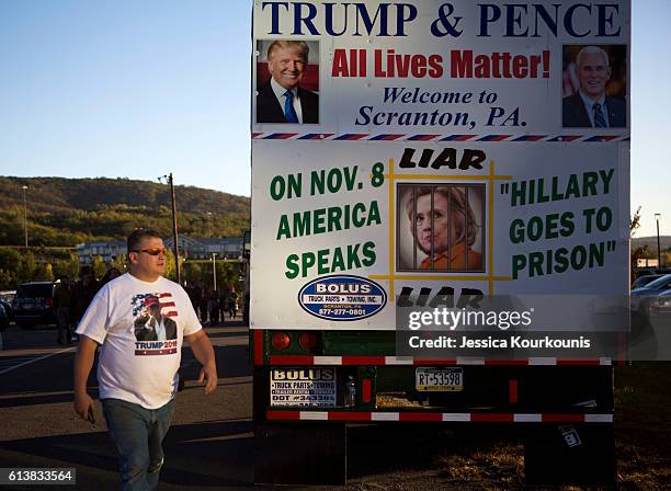 Supporters arrive at a campaign rally for Republican presidential nominee Donald Trump on October 10, 2016 in Wilkes-Barre, Pennsylvania. Trump...