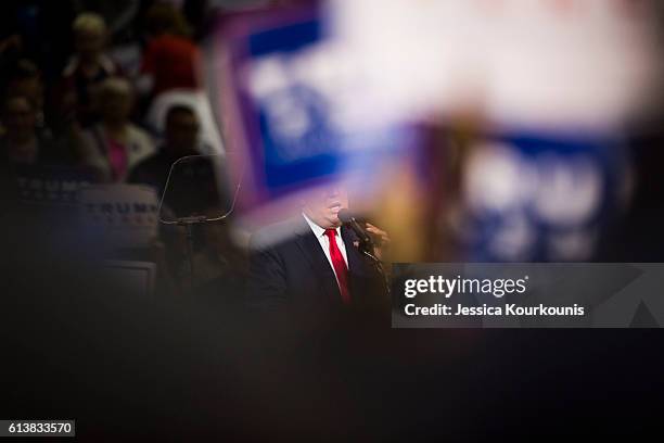 Republican presidential nominee Donald Trump holds a campaign rally on October 10, 2016 in Wilkes-Barre, Pennsylvania. Trump continues his campaign...