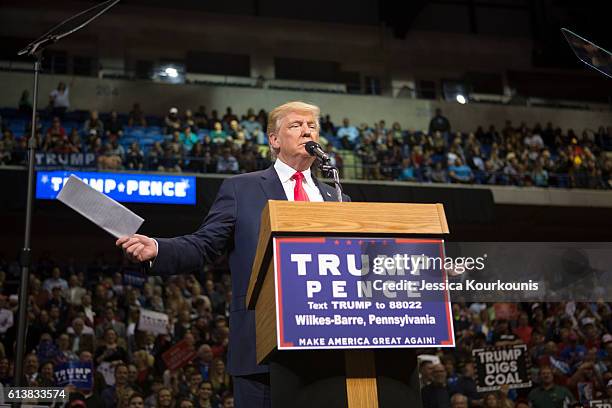 Republican presidential nominee Donald Trump holds a campaign rally on October 10, 2016 in Wilkes-Barre, Pennsylvania. Trump continues his campaign...