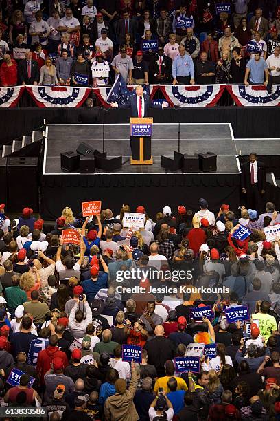 Republican presidential nominee Donald Trump holds a campaign rally on October 10, 2016 in Wilkes-Barre, Pennsylvania. Trump continues his campaign...