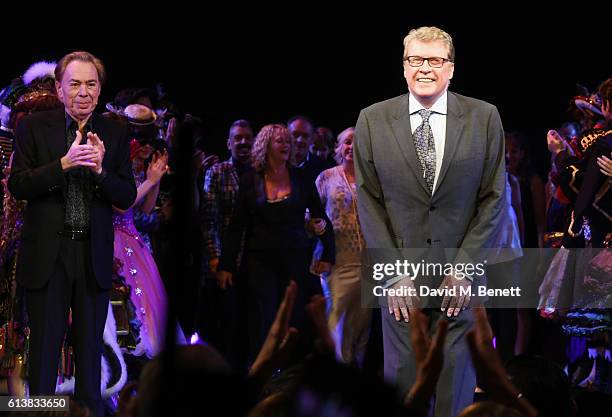 Original Phantom Michael Crawford bows as Lord Andrew Lloyd Webber looks on at "The Phantom Of The Opera" 30th anniversary charity gala performance...