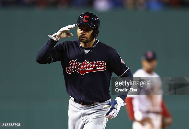 Coco Crisp of the Cleveland Indians celebrates as he runs the bases after hitting a two-run home run in the sixth inning against the Boston Red Sox...