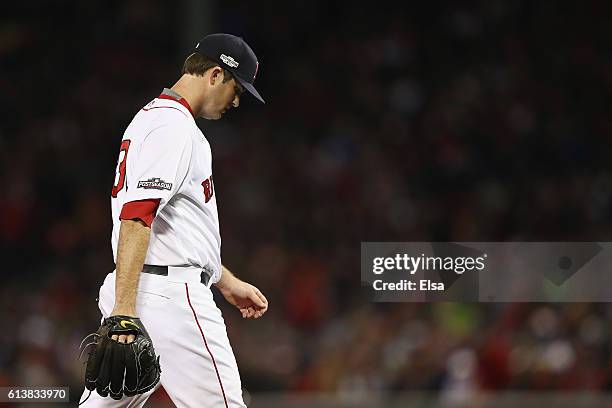 Drew Pomeranz of the Boston Red Sox reacts as he is relieved in the sixth inning against the Cleveland Indians during game three of the American...