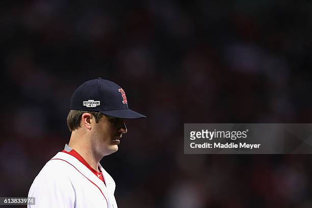 Drew Pomeranz of the Boston Red Sox reacts as he is relieved in the sixth inning against the Cleveland Indians during game three of the American...