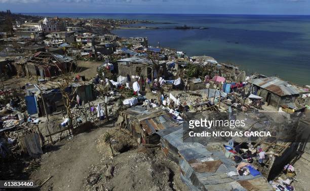 Aerial view of Jeremie, 188 km west of Port-au-Prince, on October 10 following the passage of Hurricane Matthew. Haiti faces a humanitarian crisis...