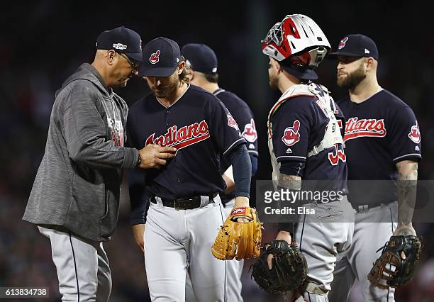 Josh Tomlin of the Cleveland Indians is relieved by manager Terry Francona in the sixth inning against the Boston Red Sox during game three of the...