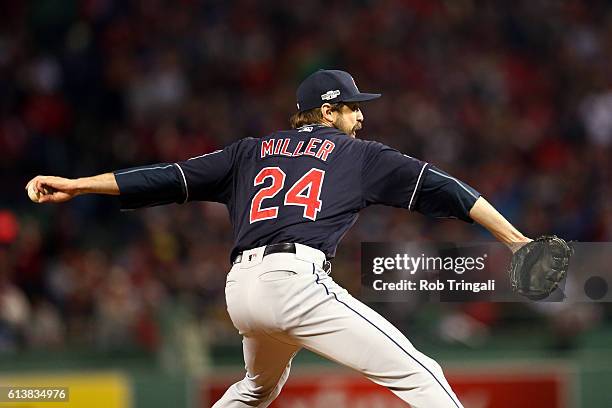 Andrew Miller of the Cleveland Indians pitches during Game 3 of ALDS against the Boston Red Sox at Fenway Park on Monday, October 10, 2016 in Boston,...