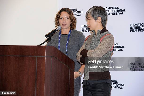 Producers Stacey Reiss and Sharon Chang speak at the HIFF Awards at the East Hampton Library during the Hampton's International Film Festival 2016 on...