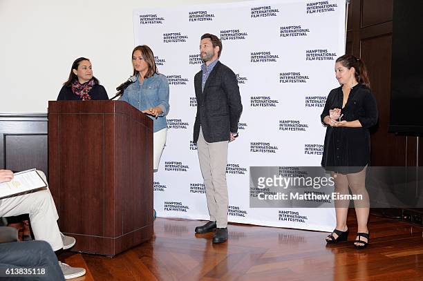 Mariska Hargita speaks with Alexis Alexanian and Jason Janego at the HIFF Awards at the East Hampton Library during the Hampton's International Film...