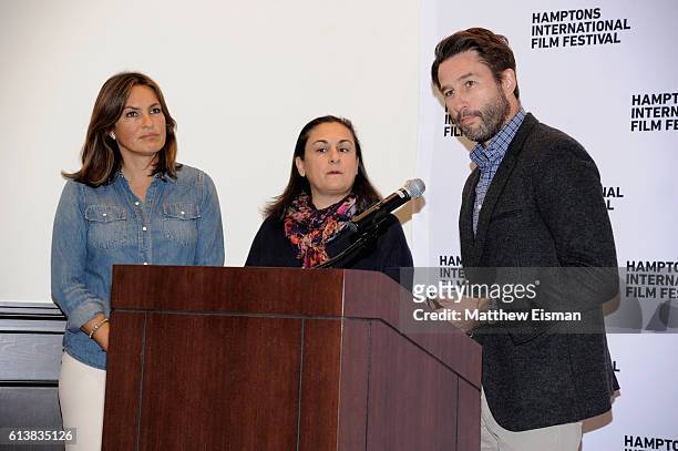 Jason Janego speaks with Mariska Hargita and Alexis Alexanian at the HIFF Awards at the East Hampton Library during the Hampton's International Film...