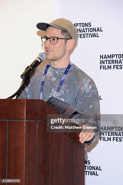 Jake Honig speaks at the HIFF Awards at the East Hampton Library during the Hampton's International Film Festival 2016 on October 10, 2016 in East...