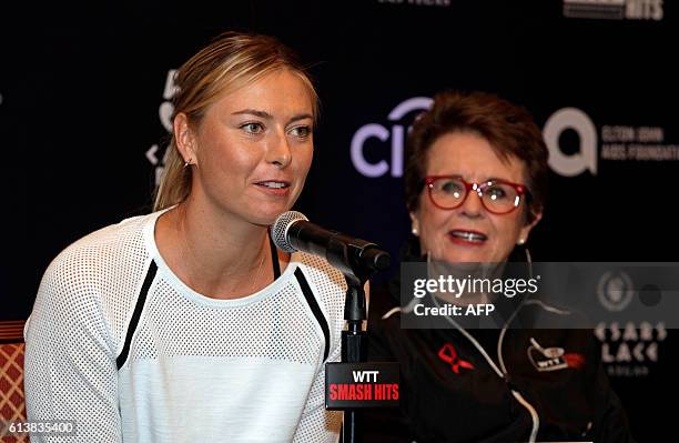 Maria Sharapova and Billie Jean King answer questions during a press conference for the WTT Smash Hits charity tennis event on October 2016 at...