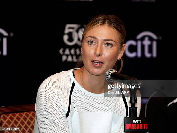 Maria Sharapova answers questions during a press conference for the WTT Smash Hits charity tennis event featuring Sir Elton John and Billie Jean King...