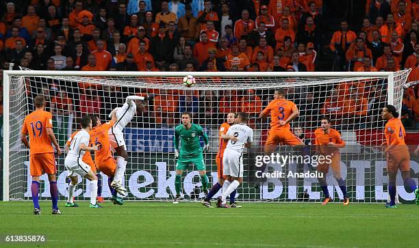 Players are in action during the FIFA 2018 World Cup Qualifier between The Netherlands and France at Amsterdam Arena on October 10, 2016 in...