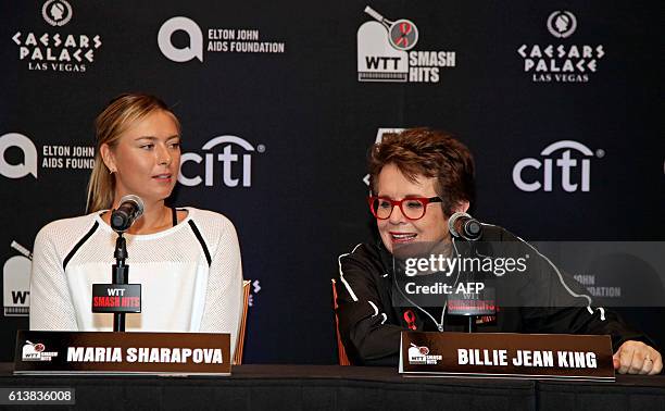 Maria Sharapova listens as Billie Jean King answers questions during a press conference for the WTT Smash Hits charity tennis event featuring Sir...