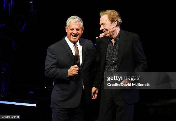 Sir Cameron Mackintosh and Lord Andrew Lloyd Webber speak onstage at "The Phantom Of The Opera" 30th anniversary charity gala performance in aid of...