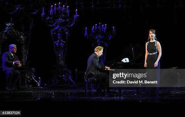 Sir Cameron Mackintosh, Lord Andrew Lloyd Webber and Sierra Boggess perform onstage at "The Phantom Of The Opera" 30th anniversary charity gala...