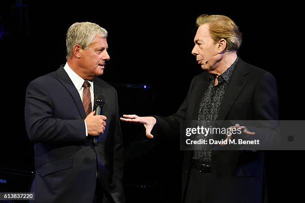 Sir Cameron Mackintosh and Lord Andrew Lloyd Webber speak onstage at "The Phantom Of The Opera" 30th anniversary charity gala performance in aid of...