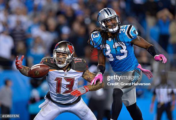 Tre Boston of the Carolina Panthers defends a pass to Mike Evans of the Tampa Bay Buccaneers during the game at Bank of America Stadium on October...