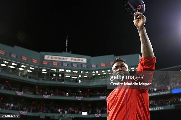 David Ortiz of the Boston Red Sox tips his cap after the Cleveland Indians defeated the Boston Red Sox 4-3 in game three of the American League...