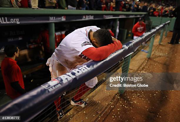 Boston Red Sox shortstop Xander Bogaerts sits in the dugout after losing to the Cleveland Indians to end the season. The Boston Red Sox host the...