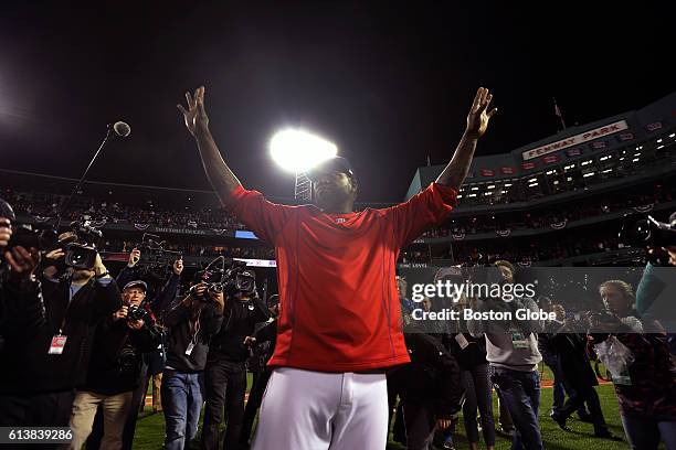 Boston Red Sox designated hitter David Ortiz salutes the fans after the Red Sox lost to the Cleveland Indians. The loss ended the Red Sox season and...