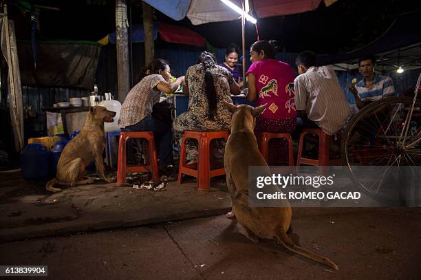 In this photograph taken on September 22 stray dogs sit near customers of a tea shop in Yangon. More than 100,000 stray dogs roam the streets of...