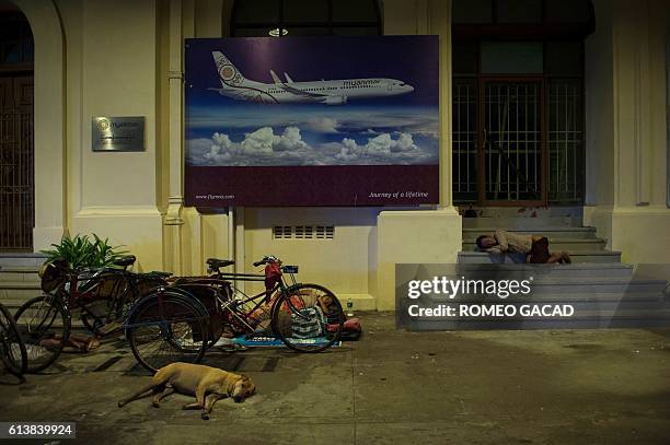 In this photograph taken on August 10 a stray dog sleeps near a homeless person outside an airline office in Yangon. More than 100,000 stray dogs...