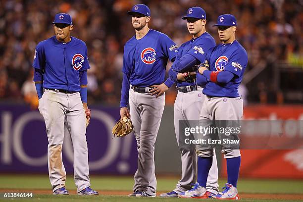 Addison Russell, Kris Bryant, Anthony Rizzo and Javier Baez of the