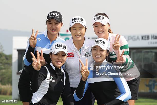 Minjee Lee of Australia, Hee-Young Park, Se-Ri Pak, MJ Hur and So-Yeon Ryu of South Korea pose during the photo call ahead of the LPGA KEB-Hana Bank...