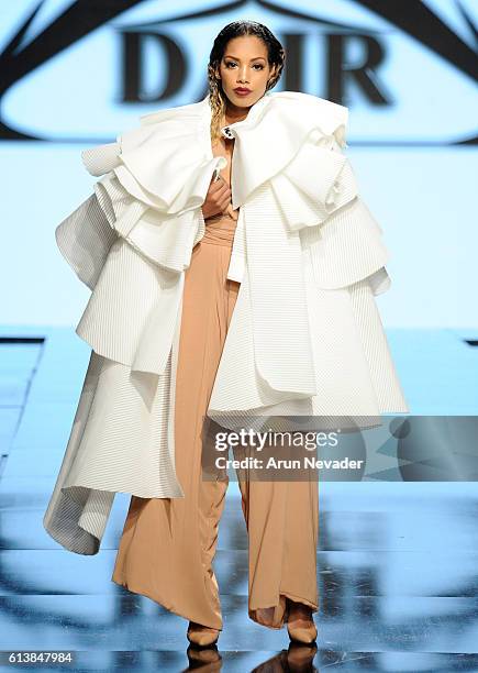 Model walks the runway wearing Dair by Odair Pereira at Art Hearts Fashion Los Angeles Fashion Week presented by AIDS Healthcare Foundation on...