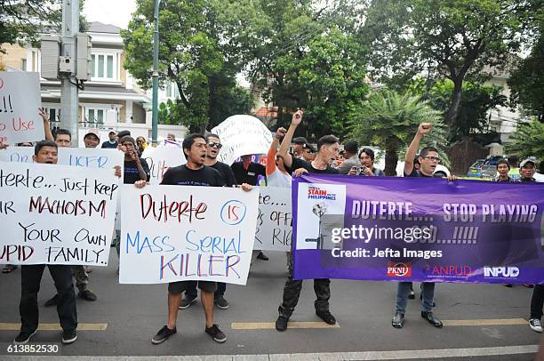 Indonesian activists hold a protest in front of Philippine Embassy, condemning what they call extrajudicial killings of drug addicts in the...