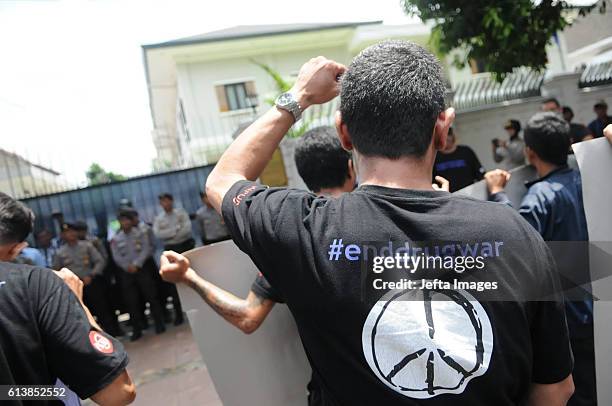 Indonesian activists hold a protest in front of Philippine Embassy, condemning what they call extrajudicial killings of drug addicts in the...