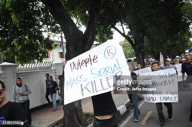 Indonesian activists hold a protest in front of Philippine Embassy, condemning what they call extrajudicial killings of drug addicts in the...