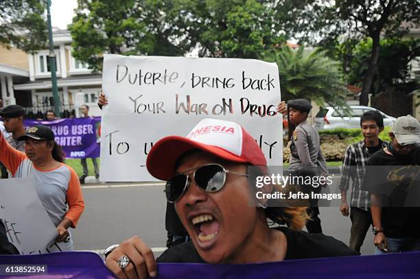 Indonesian activists hold a protest in front of Philippine Embassy, condemning what they call extrajudicial killings of drug addicts in the...