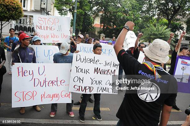 Indonesian activists hold a protest in front of Philippine Embassy, condemning what they call extrajudicial killings of drug addicts in the...