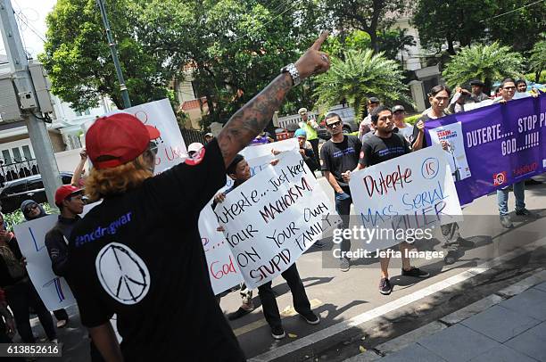 Indonesian activists hold a protest in front of Philippine Embassy, condemning what they call extrajudicial killings of drug addicts in the...