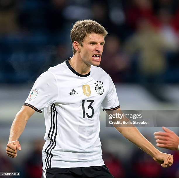 Thomas Mueller of Germany celebrates his team's first goal during the FIFA World Cup 2018 qualifying match between Germany and Czech Republic at...