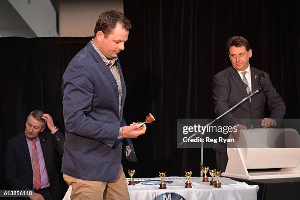 Luke Geddes representative of Sir John Hawkwood draws Barrier 5 at Caulfield Racecourse on October 11, 2016 in Caulfield, Australia.