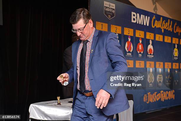 Rodney Conolan representative of De Little Engine draws Barrier 14 at Caulfield Racecourse on October 11, 2016 in Caulfield, Australia.