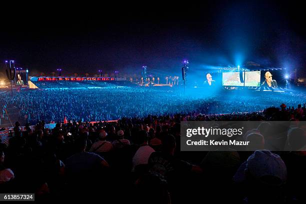 Musicians Roger Daltrey and Pete Townshend of The Who perform onstage during Desert Trip at The Empire Polo Club on October 9, 2016 in Indio,...