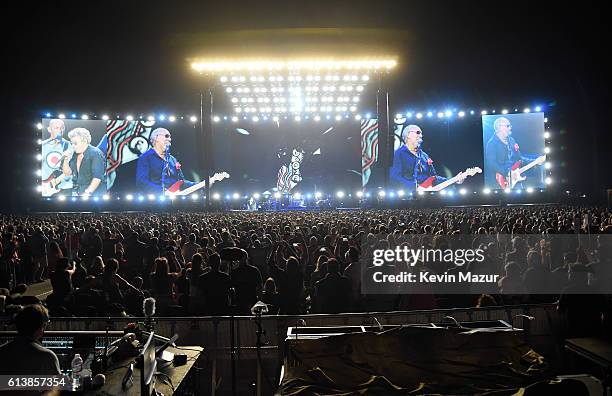 Musicians Roger Daltrey and Pete Townshend of The Who perform onstage during Desert Trip at The Empire Polo Club on October 9, 2016 in Indio,...