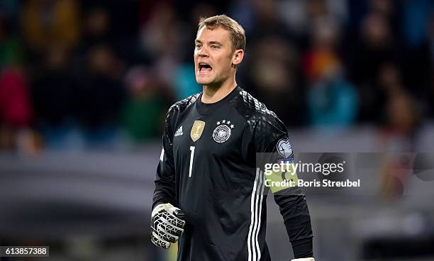 Goalkeeper Manuel Neuer of Germany reacts during the FIFA World Cup 2018 qualifying match between Germany and Czech Republic at Volksparkstadion on...