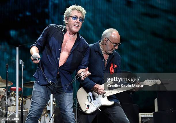 Musicians Roger Daltrey and Pete Townshend of The Who perform onstage during Desert Trip at The Empire Polo Club on October 9, 2016 in Indio,...