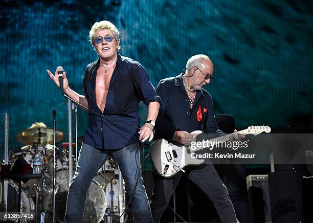 Musicians Roger Daltrey and Pete Townshend of The Who perform onstage during Desert Trip at The Empire Polo Club on October 9, 2016 in Indio,...