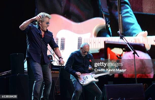 Musicians Roger Daltrey and Pete Townshend of The Who perform onstage during Desert Trip at The Empire Polo Club on October 9, 2016 in Indio,...