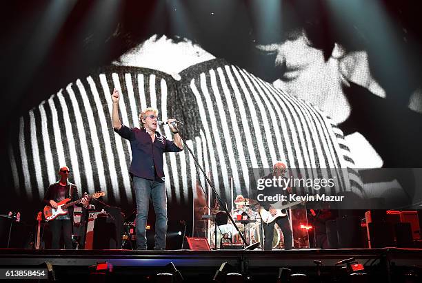 Musicians Roger Daltrey and Pete Townshend of The Who perform onstage during Desert Trip at The Empire Polo Club on October 9, 2016 in Indio,...